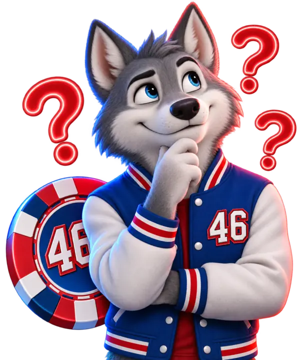 Lobo de Jugarlasvegas con ficha 46 y signos de interrogación